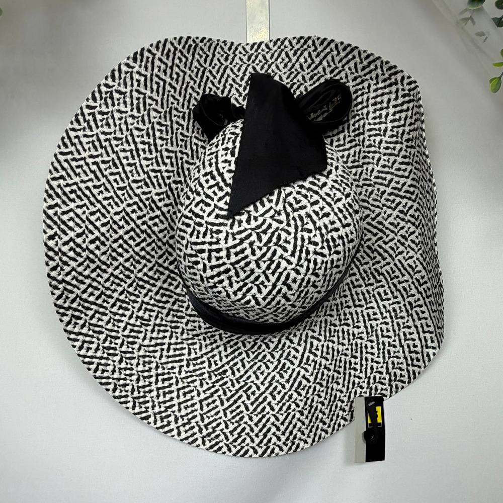 Dolgen Corp Black White Woven Wide Brim Floppy Sun Hat with Ribbon Bow NEW
